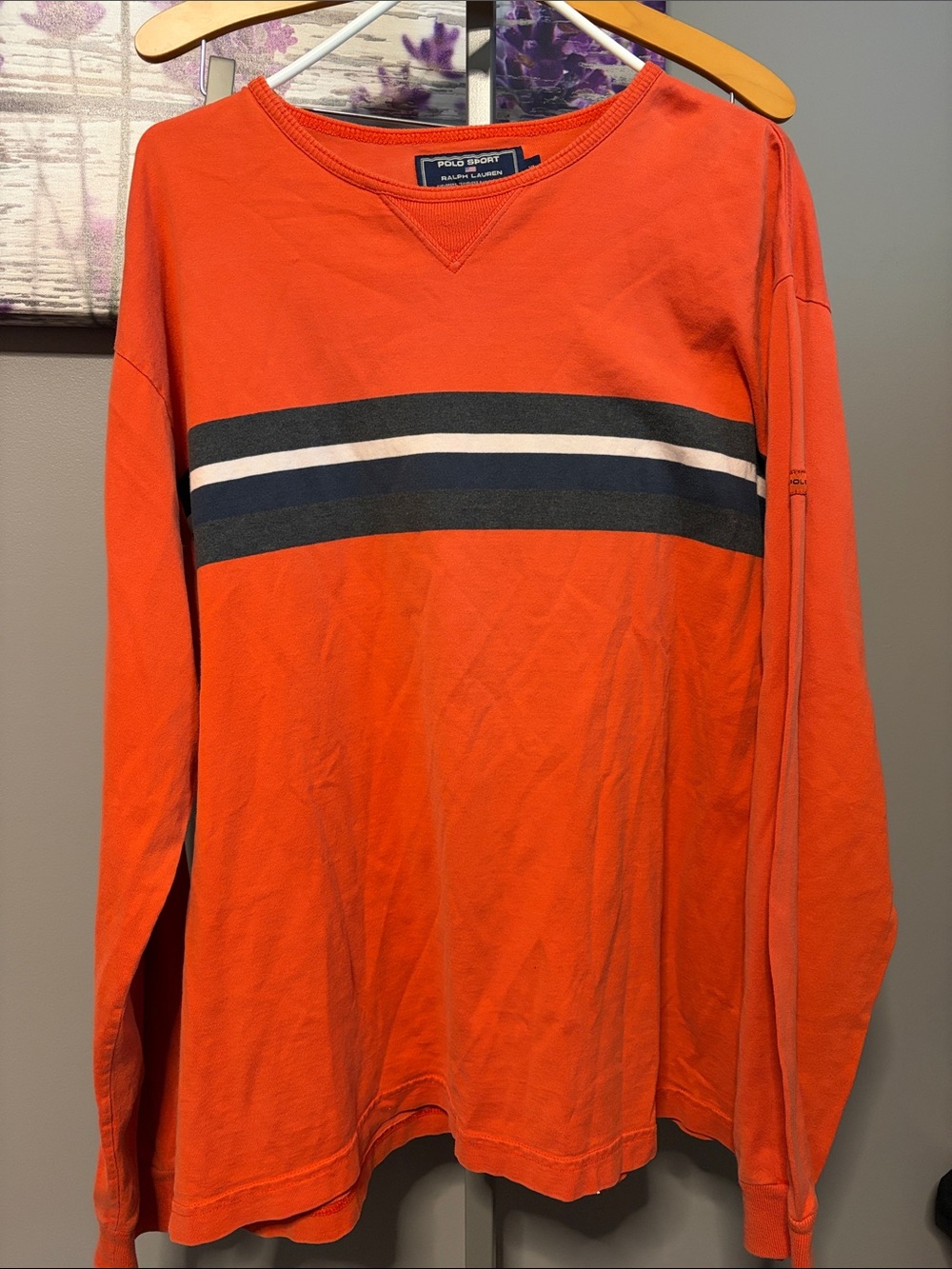 Ralph Lauren Sport Orange Long-Sleeve Shirt with Navy and White Chest Stripe